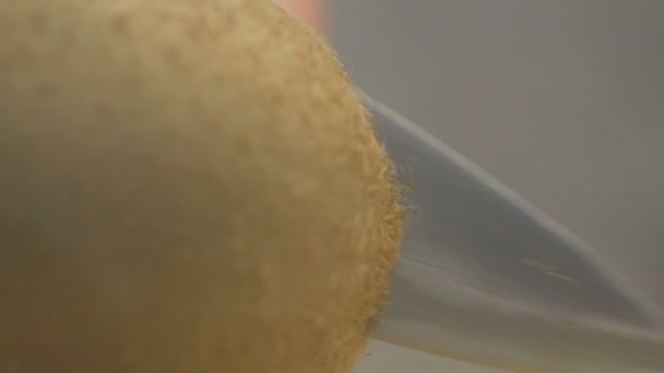 Нож режет Kiwifruit или Kiwi пополам в дыму и замедленной съемки, макро или близко — стоковое видео
