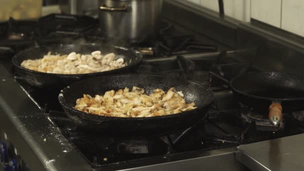 Сковородки или сковородки с кусочками мяса находятся на газовой плите в кухне ресторана — стоковое видео