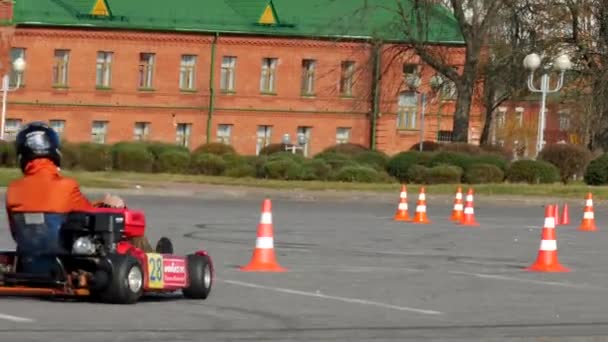 BOBRUISK, BELARUS - OCTOBER 21, 2018: Competitions on karting among young men, racing karting, 4K — Stock Video