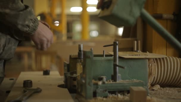 Arbetstagare på sågverket ändra klippaggregatet i kantmaskin och ställa in maskinen för träförädling, närbild, snickare, möbelsnickare — Stockvideo