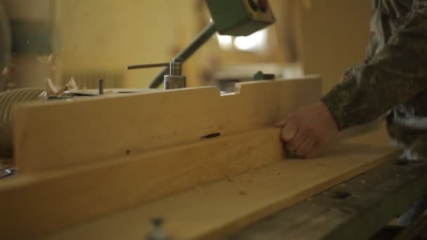 En snickare vid sågverket processer i styrelsen i en specialmaskin för kapning och bearbetning av trä, närbild, miljö naturliga — Stockvideo