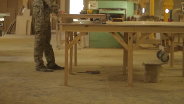 Arbeiter montiert ein fertiges Holzprodukt im Sägewerk, Schreiner — Stockvideo