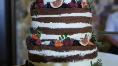 Büyük festival uzun boylu çikolatalı kek ile doğal çilek, yakın çekim, konfeksiyon