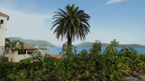 Panoramic view of tourist resort town with port and harbor, beautiful view of landscape with the sea and island — Stock Video