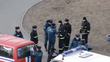 Acil durum ve eğitim, inşaat Bobruisk, Beyaz Rusya 27.02.19 itfaiye, ambulans Araba, yangın
