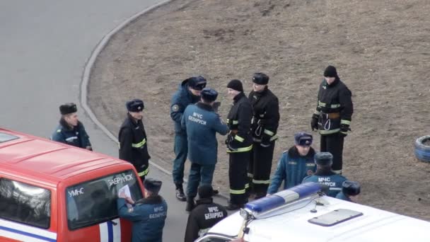 Emergency and fire training, construction of firefighters, ambulance car, BOBRUISK, BELARUS 27.02.19 — Stock Video