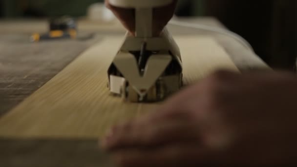 Ett sågverk arbetare skär och syr trä faner, närbild, interline, industri — Stockvideo