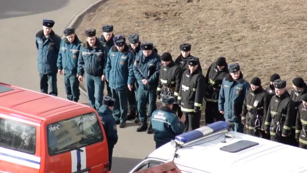 Emergency and fire training, construction of firefighters, ambulance car, BOBRUISK, BELARUS 27.02.19 — Stock Video