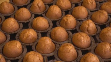 Bisküvi hamurundan taze pişmiş vanilyalı muffins Tepsi, kekler üretimi. Gıda Endüstrisi Arka Plan