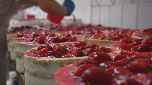 Girl confectioner makes cakes with fresh strawberries and pours them with berry syrup. Cake making, food industry