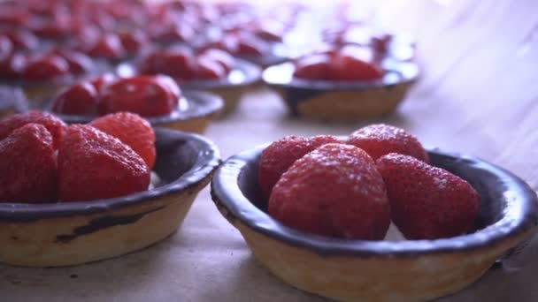 패스트리 공장, 배경, 식품 산업, 제과 공장에서 타틀레에 신선한 딸기 케이크 — 비디오