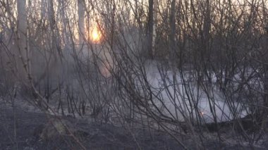 Bir günbatımı, duman, arka plan fonunda bombardıman ve askeri operasyonlardan sonra kalıntıların arka planda lastik tekerlekleri yanan