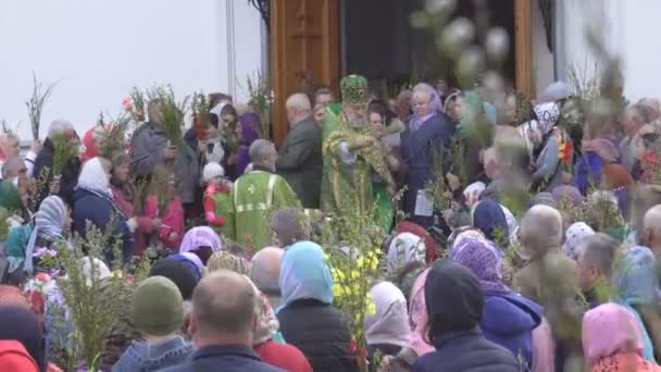 Bobruisk, Vitryssland-21 april 2019: den kristna kristna semestern är en Palm söndag som firas en vecka före påsk, lyser den Helige Fadern upp vide grenar med heligt vatten — Stockvideo