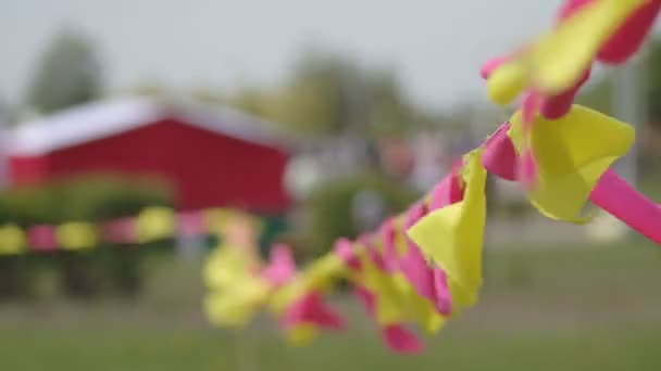 Mångfärgade festliga små flaggor röd och gul fladdrande och fladdrande i vinden, dekoration, bakgrund — Stockvideo