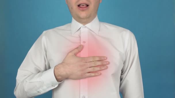 Pain in the rib cage in area of lungs due to Bronchitis or Asthma. Heart failure. Concept of Myocardial infarction. Office worker coughing, wheezing and has shortness breath. Man in white shirt — Stock Video