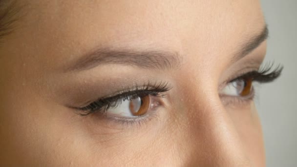 Mädchengesicht mit langen falschen Wimpern öffnet ihre braunen Augen und blickt in die Kamera. Nahaufnahme schöne weibliche Modell mit modischen Make-up — Stockvideo