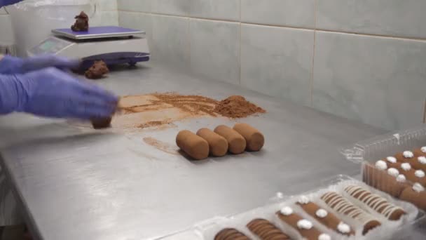 Macht leckere und frische Kakao- und Schokoladenkuchenkartoffeln. Schokolade Dessert, Süßwarenfabrik, lecker — Stockvideo