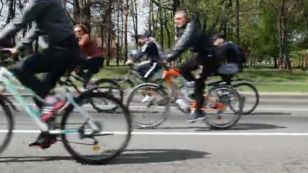 Molte persone vanno in bicicletta in città per un giro in bicicletta, sfondo, estate, stile di vita sano, sport — Video Stock