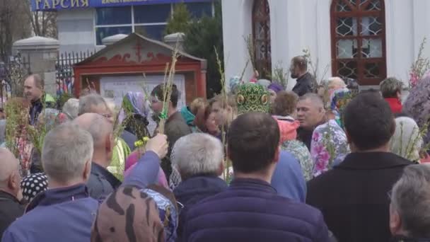 白俄罗斯博布鲁伊斯克 - 2019年4月21日：基督教节日是棕榈节，在复活节前一周庆祝，圣父用圣水点亮柳枝 — 图库视频影像
