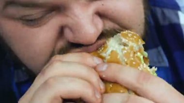 Timelapse sakallı şişman adam pişirdiği hamburgeri ısırıyor. Adam ev yapımı yemekler yer. Sağlıksız Yaşam Tarzı, kızarmış ve yüksek kalorili zararlı gıda. Obezite ve aşırı kiloluluk riski.