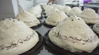 Taze kiraz çilek ile kek üretimi ve dekorasyon. Kek yapma fabrikası, gıda endüstrisi, cupcake