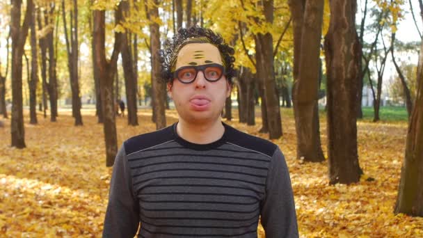 Portrait of funny curly man who shakes his tongue, mad and cheerfully emotion in the autumn park. Leaf fall in a town in sunny day. Beautiful nature — Stock Video
