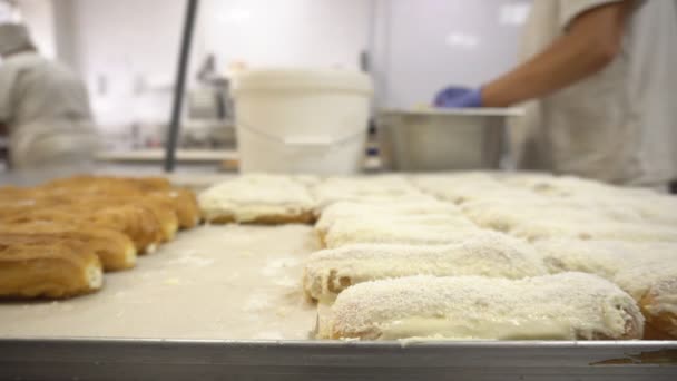 Hacer y decorar pasteles de crema con la ayuda de esmalte y chips de coco en una fábrica de confitería, trabajo a mano — Vídeos de Stock