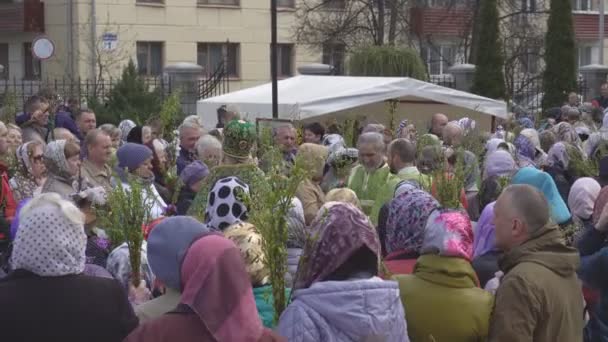 BOBRUISK, BELARUS - April 21, 2019: The Christian Christian holiday is a Palm Sunday which is celebrated a week before Easter, the holy father lights up the willow branches with holy water — Stock Video