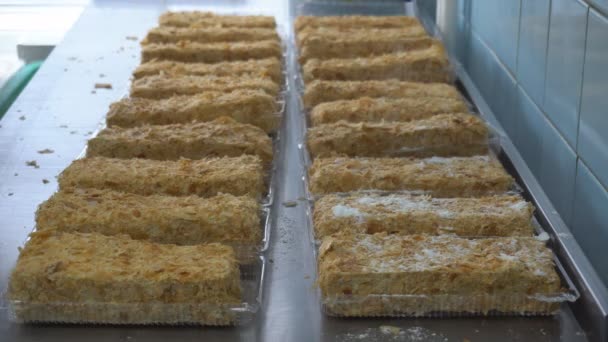 Confiseur saupoudrer les gâteaux avec du sucre en poudre. Produit de boulangerie gâteau. Fabrication manuelle de dessert sucré au caramel ou à la crème au beurre. Production de confiseries de farine . — Video