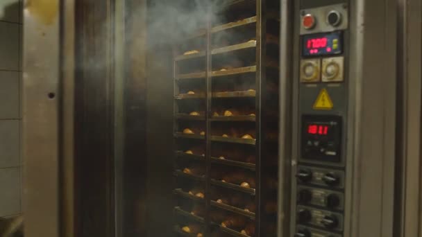 Een vrouwelijke banketbakker opent de oven met verse broodjes croissants. Productie van zoetwaren en bakkers industrie, Slow Motion — Stockvideo