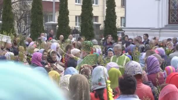 Bobruisk, Λευκορωσία-21 Απριλίου 2019: η χριστιανική χριστιανική γιορτή είναι μια Κυριακή της παλάμης που γιορτάζεται μια εβδομάδα πριν από το Πάσχα, ο Άγιος πατέρας φωτίζει τα κλαδιά ιτιάς με αγιασμό — Αρχείο Βίντεο