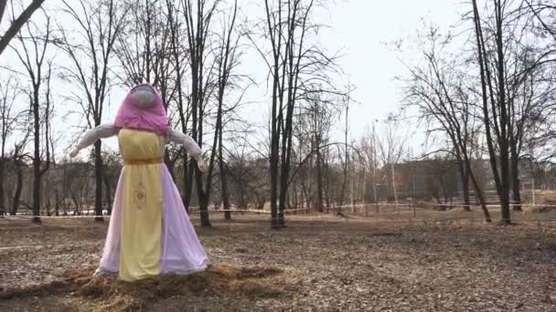 Een gevulde Shrovetide in een lichte jurk en een roze Bandana wordt tijdens de vakantie in het park geplaatst. Een beeltenis van Maslenitsa staat in het Park tijdens de feestelijke van boter dame. — Stockvideo