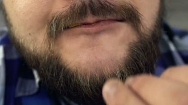 Aşırı kilolu ya da şişko adam patates cipsi yiyor. Sağlıksız yaşam tarzı. Cips, yüksek kalorili zararlı gıdalar. Obezite riski. Sakallı adam