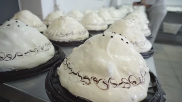 Gekoelde tortes en taarten met gegarneerd topje liggen in de bakkerij. Zoetjes desserts. Handmatige vervaardiging van taarten die gevuld zijn met karamel crème, mousse, jam. Productie van meel en suikerwerk. — Stockvideo