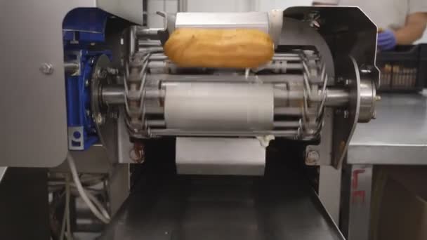 Vervaardiging van desserts eclairs. Cream vulmachine van zoete baguettes. Bakkerijproducten. Productie van meel zoetwaren. — Stockvideo