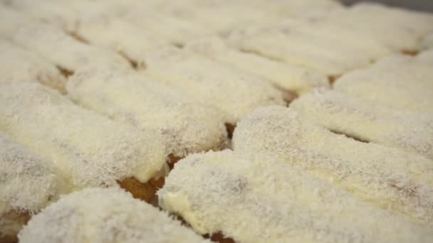 Set de eclairs con crema y cubierto con glaseado de chocolate. Fabricación de postres dulces baguettes. Productos de panadería. Producción de confitería de harina . — Vídeo de stock