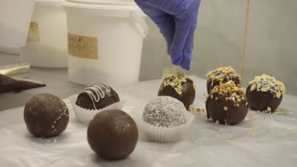 Handmatige vervaardiging van snoep desserts en chocolade cakes. Bakkerijproducten. Productie van meel zoetwaren. Handgemaakte snoepjes met cacao. Banketbakkers of werknemers met hun handen maken van taarten — Stockvideo