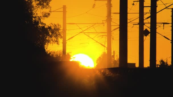 Auto's die overstappen op een spoorwegovergang tegen de achtergrond van een zonnige zonsondergang, gevaar op de spoorlijn, achtergrond, spoorwegovergang — Stockvideo