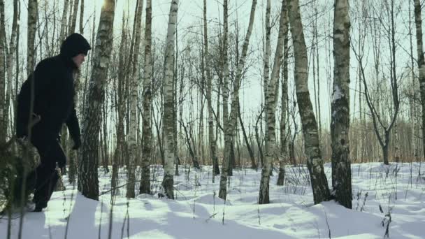 El hombre arrastra un árbol de navidad derribado en la nieve a su casa y camina por el bosque en la nieve antes de año nuevo en la ciudad. Concepto de inicio de la celebración. Movimiento lento — Vídeos de Stock