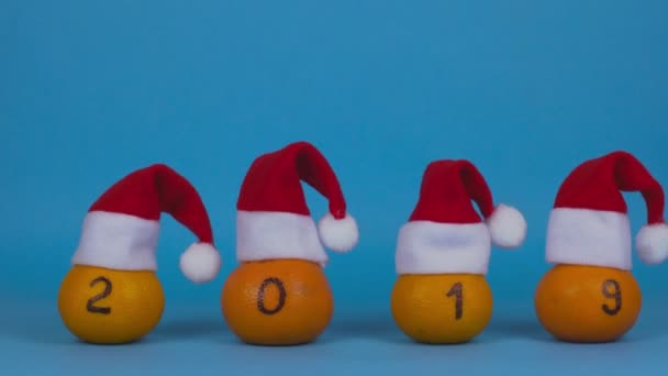 Finales de 2019 y principios de año nuevo 2020. Equipo de pequeñas naranjas de mandarina en un movimiento de Santa Claus gorra roja en el fondo. Detener movimiento. Concepto de la Navidad. Inicio de las fiestas y celebraciones . — Vídeo de stock