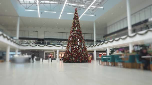 Kerstboom is in het winkelcentrum of winkelcentrum. Tijdsverloop. Mensen kopen geschenken als gevolg van een grote kortingen en verkoop en maak je klaar voor het nieuwe jaar en Kerstmis. Begin van feestdagen en vieringen. — Stockvideo