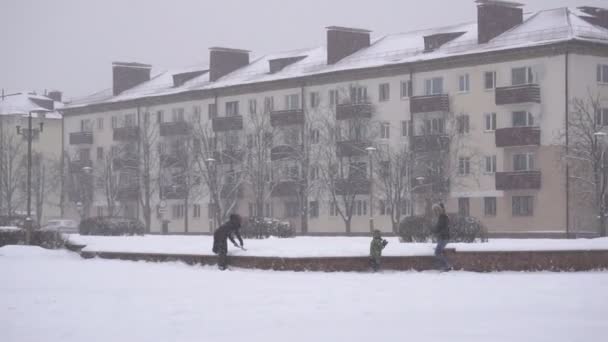 La famiglia gioca palle di neve nella città invernale, nevica, vacanze di Capodanno, rallentatore — Video Stock