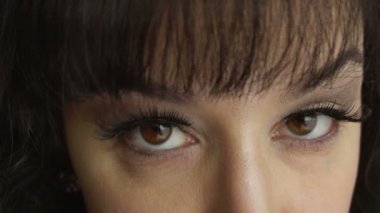 Uzun takma kirpikli kadın yüzü kahverengi gözlerini açıyor ve kameraya bakıyor. Çekici makyajlı güzel esmer kız modeli. Doğal ve temiz ten rengi..