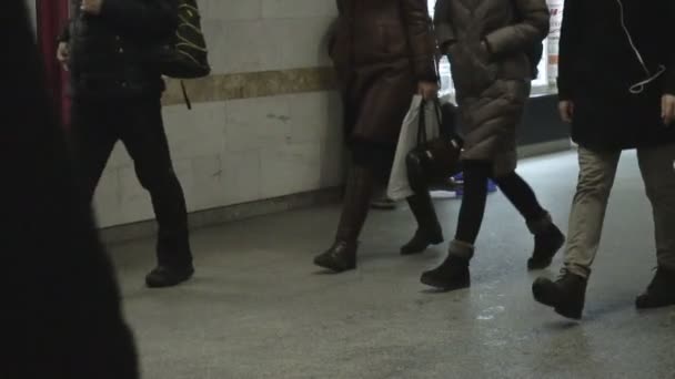 Menschen überqueren im Berufsverkehr die Straße durch die Unterführung, der Bettler spielt eine Erbse im Übergang, Hintergrund, Zeitlupe — Stockvideo