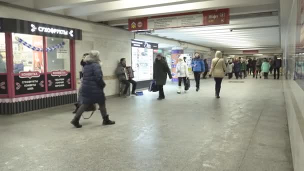 ผู้คนเดินผ่านใต้สะพานรถไฟใต้ดินมินสก์, เบลารุส 03.02.19 — วีดีโอสต็อก