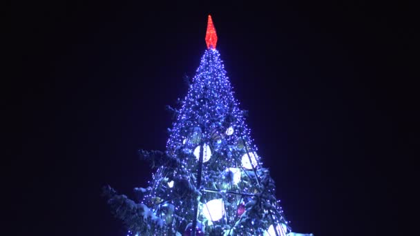 Topo da árvore de Natal decorado com guirlandas e luzes brilha à noite. Véspera de Ano Novo na cidade no inverno. Conceito de início de férias e celebrações. Contexto. Vista inferior — Vídeo de Stock