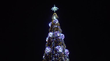 Çelenklerle süslenmiş Noel ağacının tepesinde geceleri ışıklar parlıyor. Kışın şehirde yeni yıl arifesi. Tatillerin ve kutlamaların başlangıcı kavramı. Geçmişi. Alt görünüm