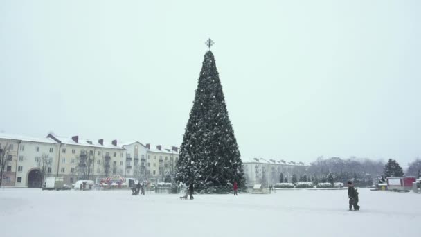 Arbre de Noël est sur la place centrale de la ville dans les chutes de neige dans l'après-midi jour. Réveillon du Nouvel An. L'hiver. Les citadins vaquent à leurs occupations et marchent par mauvais temps, blizzard à slowmo — Video