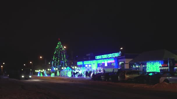 Night City osvětlení s vánoční blikající věnce v zimě. Silvestr. Led dekorace osvětlení. Začátek svátků a oslav. — Stock video