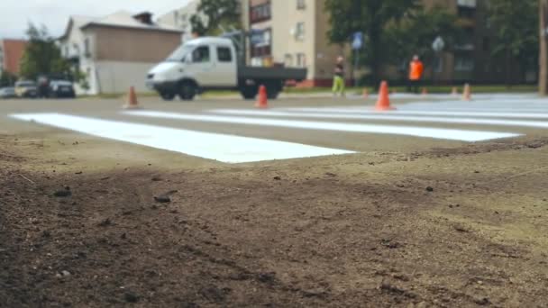 Workers apply by paint horizontal road marking zebra for Pedestrian crossing on crossroads in city street asphalt — Stock Video